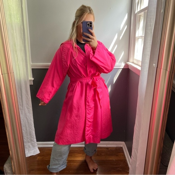 Vintage Lawrence of London 100% Silk Hot Pink Unión Made Trench Large - Picture 2 of 13